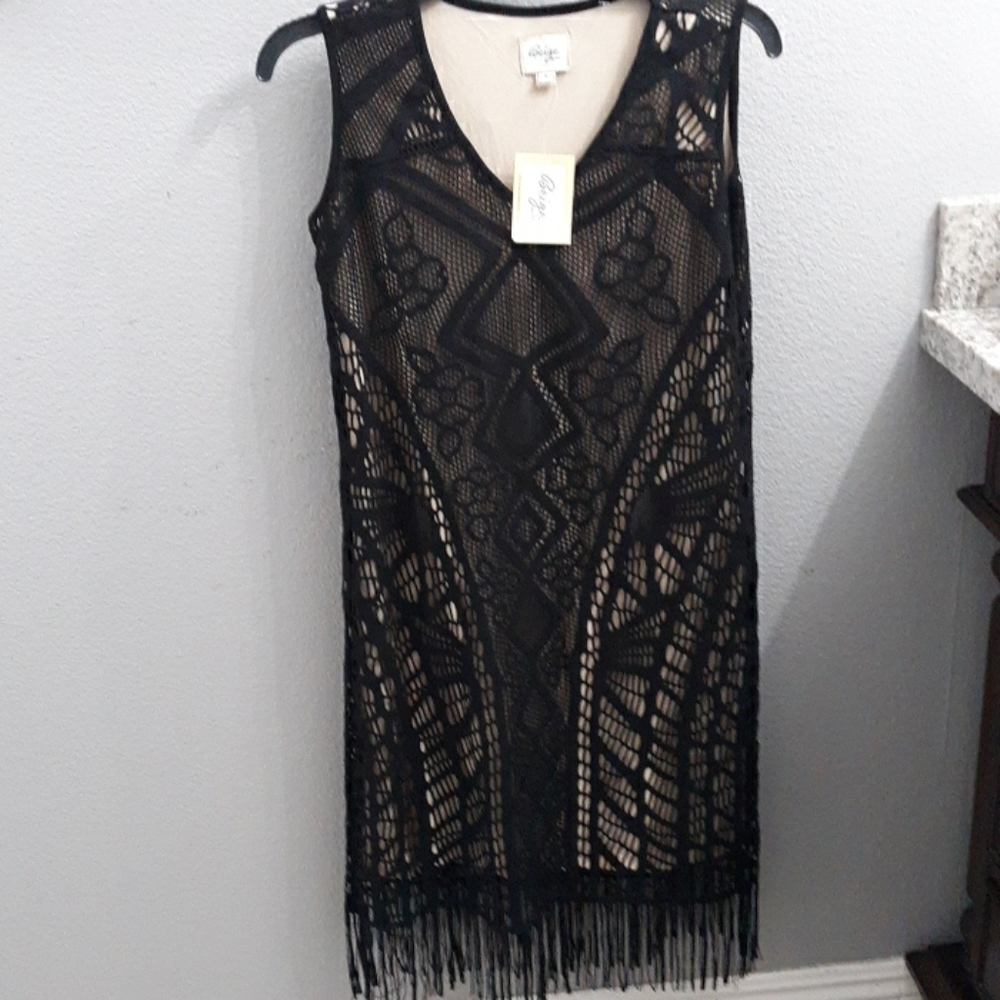Beige by eci black dress with fringe. - Picture 6 of 10